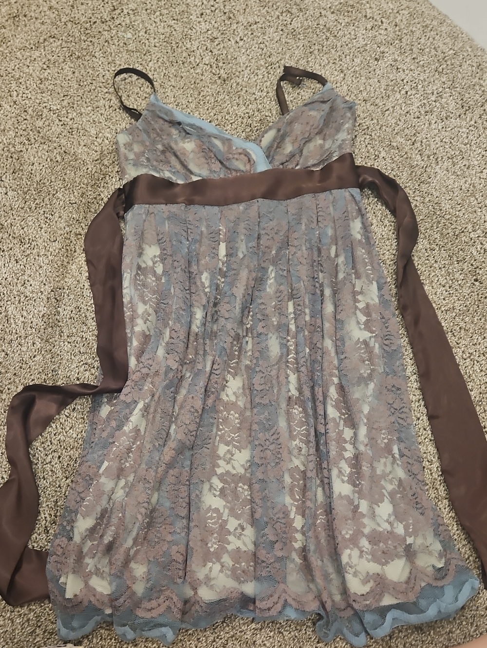 Necessary Objects Beige Lined Dress with Blue Lace Overlay